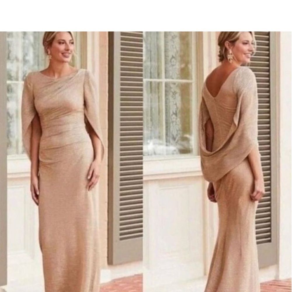 Betsy & Adam Gold Asymmetrical Backless Gown for Weddings